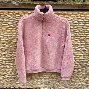 Pink Fleece Jacket with Heart Embroidery